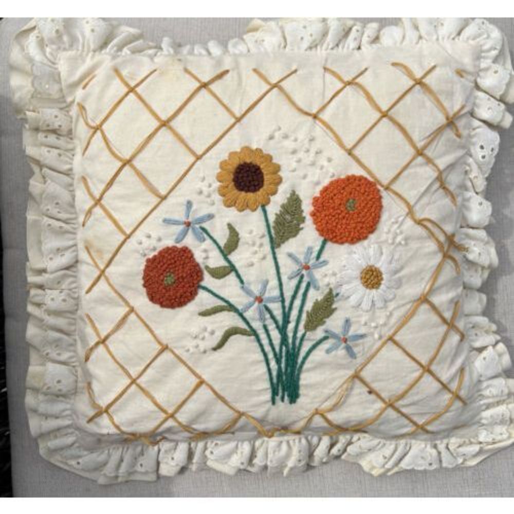 Lace Needlework Embroidered Ruffle Eyelit Pillow Yellow Orange Flower  Vintage